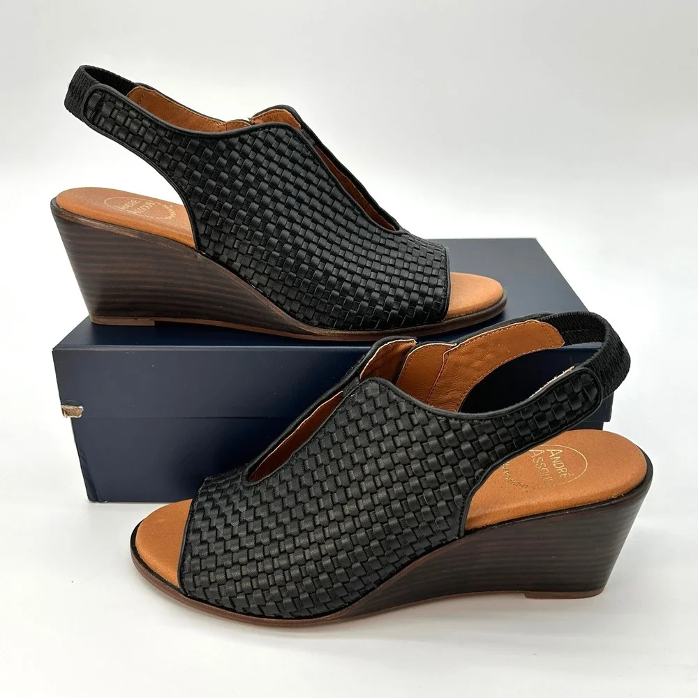 Womens Wedge Sandals Andre Assous Belinda Size 8.5 Black Woven Slingback NEW